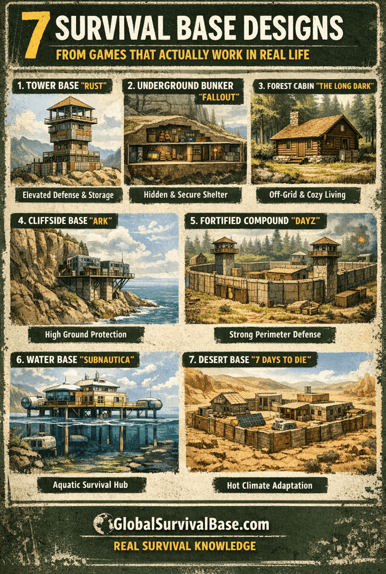 Infographic showing 7 survival base designs inspired by video games that actualy work ini real life