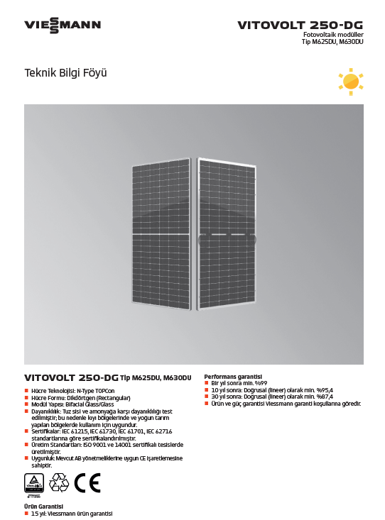 iessmann Vitovolt 250-DG serisi güneş paneli teknik bilgi föyü ve ürün görseli.