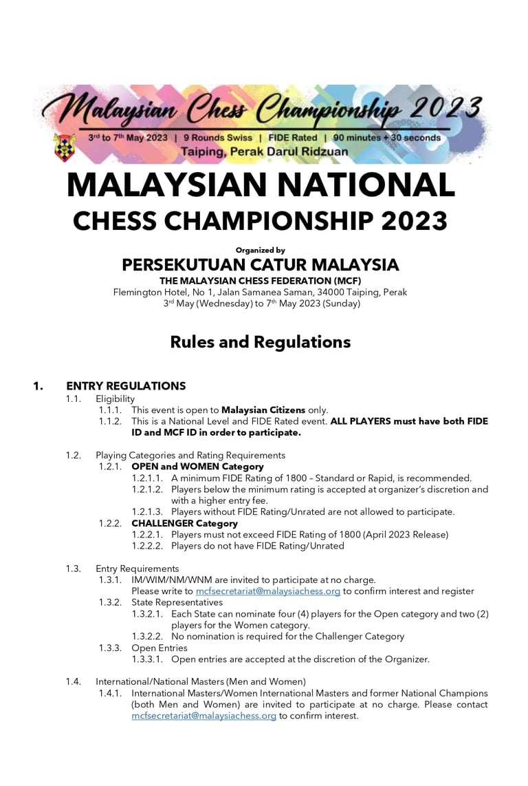 Malaysian Chess Championship 2023. Chess Malaysia. Catur Malaysia. Malaysian Chess Federation