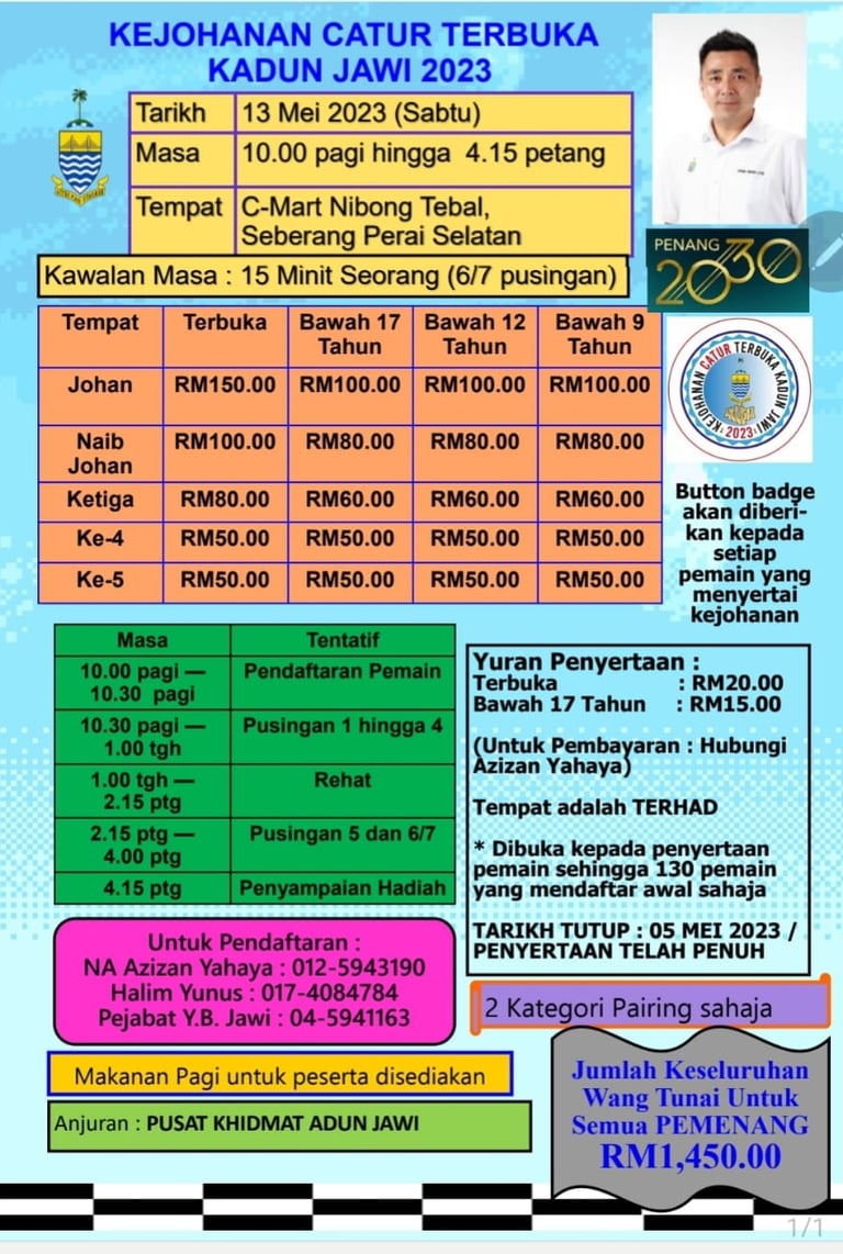 Kejohanan Catur Terbuka Kadun Jawi 2023. Penang Chess. Malaysia Chess. Catur Malaysia