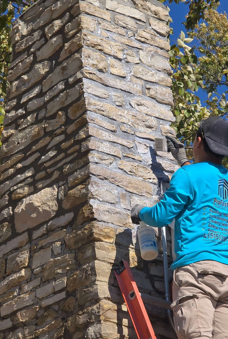 "Natural stone chimney crafted by Profaster Services in Des Moines."