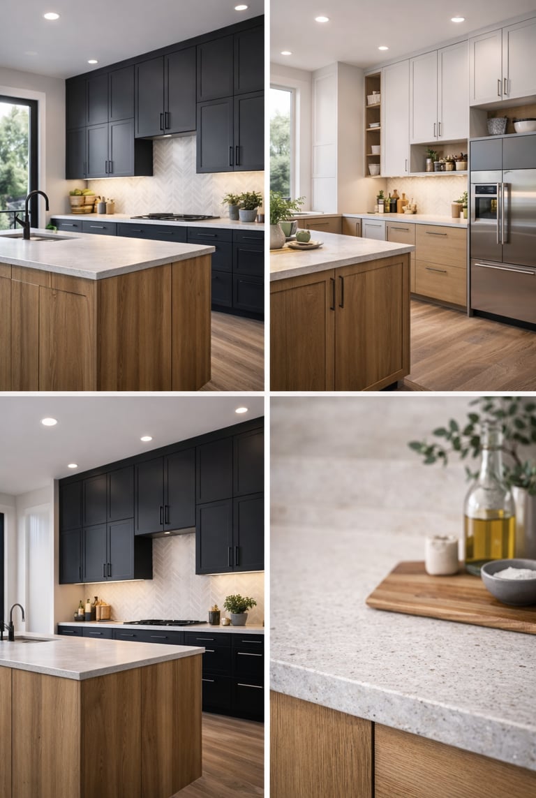 olores y materiales en cocinas modernas con madera, cuarzo y tonos gris y blanco