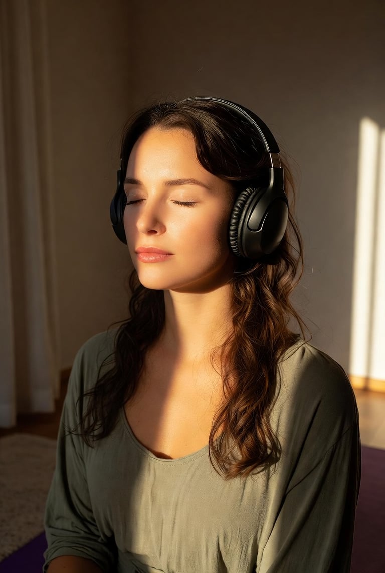 A serene woman with eyes closed wearing black over-ear headphones while meditating in natural sunlight.