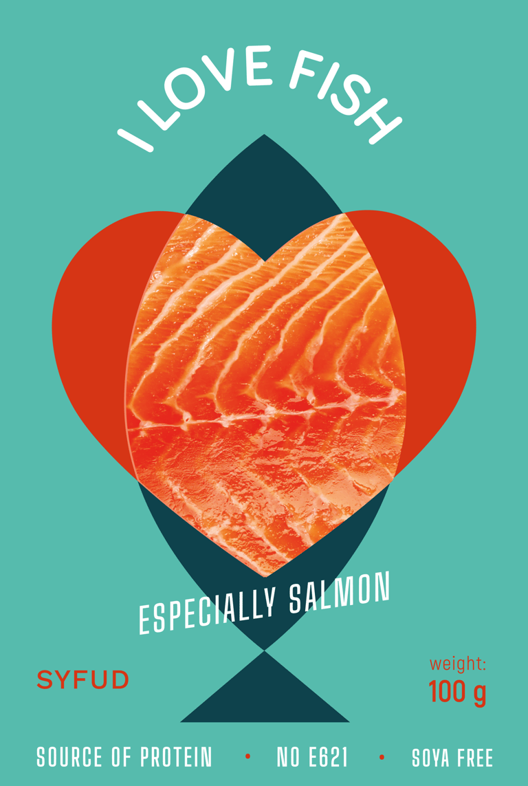 Salmon packaging design, teal  color
