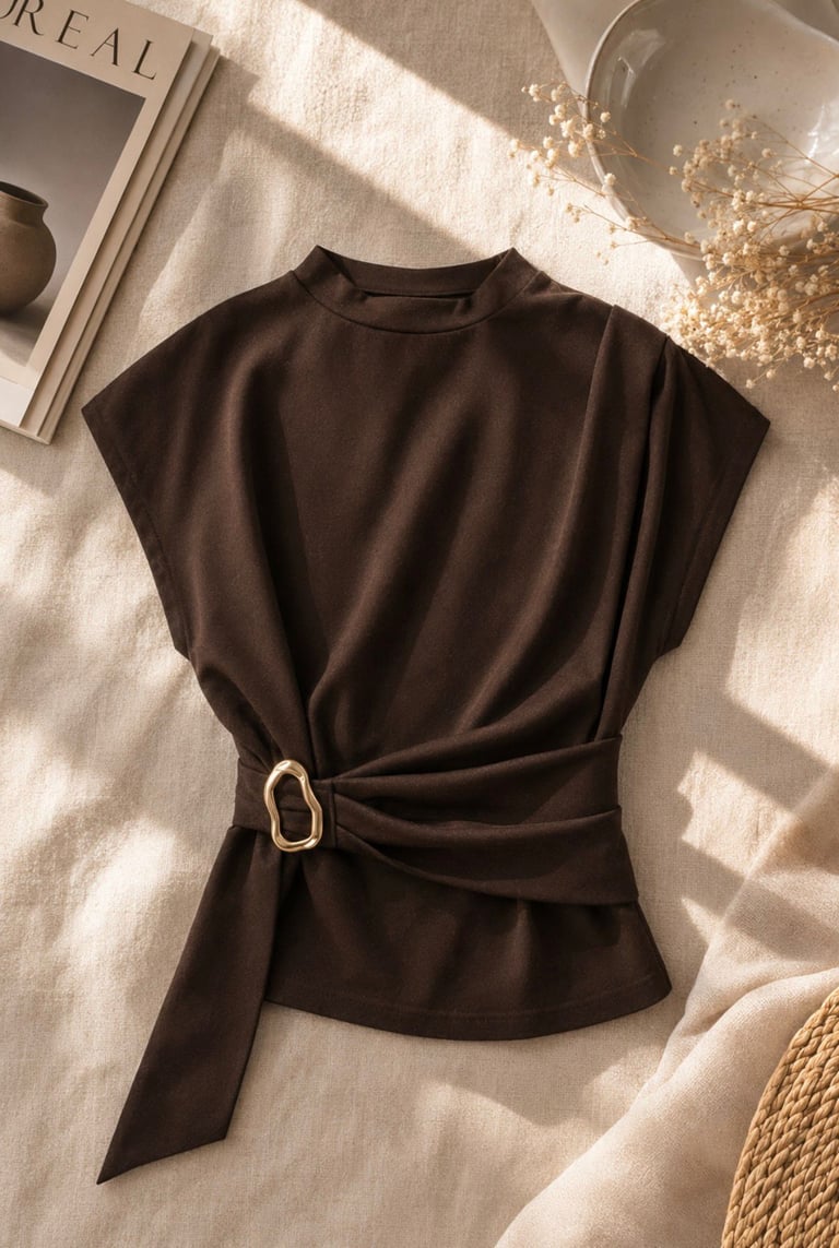 Brown wrap top displayed on an aesthetic neutral background.