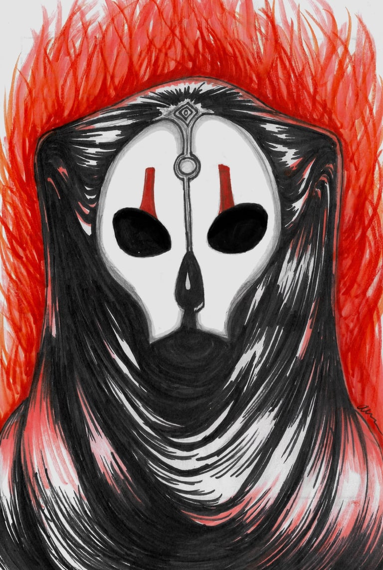 a marker drawing of darth nihilus. Starwars fanart. red flames.