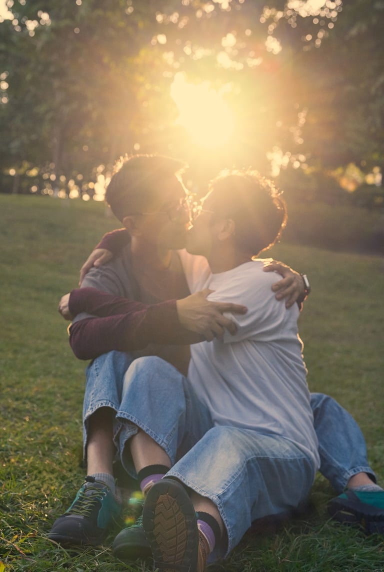 A couple kissing while sitting on the grass in a park during a golden hour sunset.
