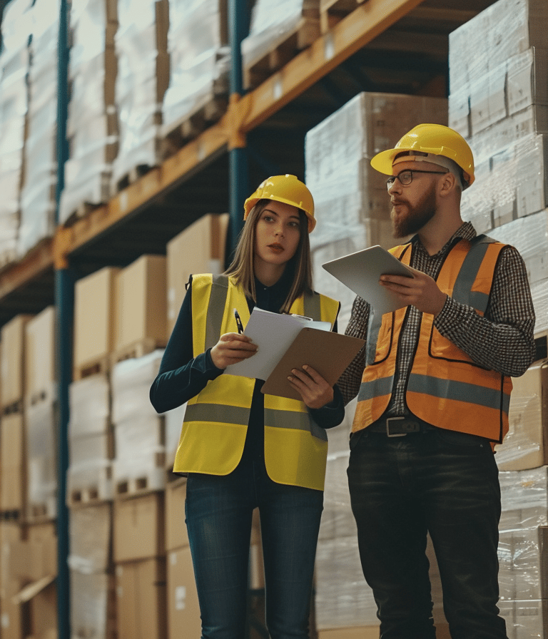 Trabajadores en un almacén como servicios de logística enfocados a el seguro de mercancías