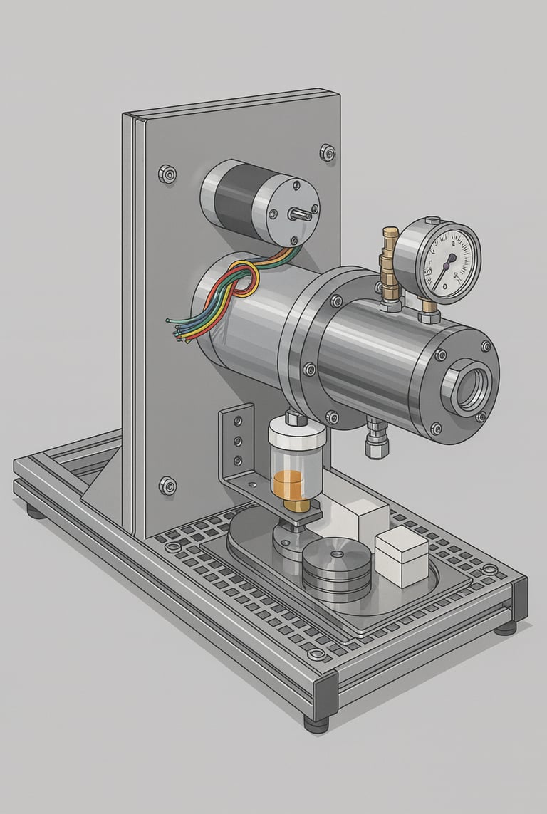 CAD-Modell des Simmerring-/RWDR-Prüfstands: Druckkammer, Riemen-/Scheibenantrieb, Messbecher für Lec