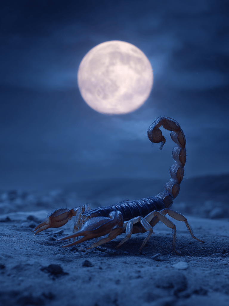 A desert scorpion crawls on sand at night under the light of a full moon.