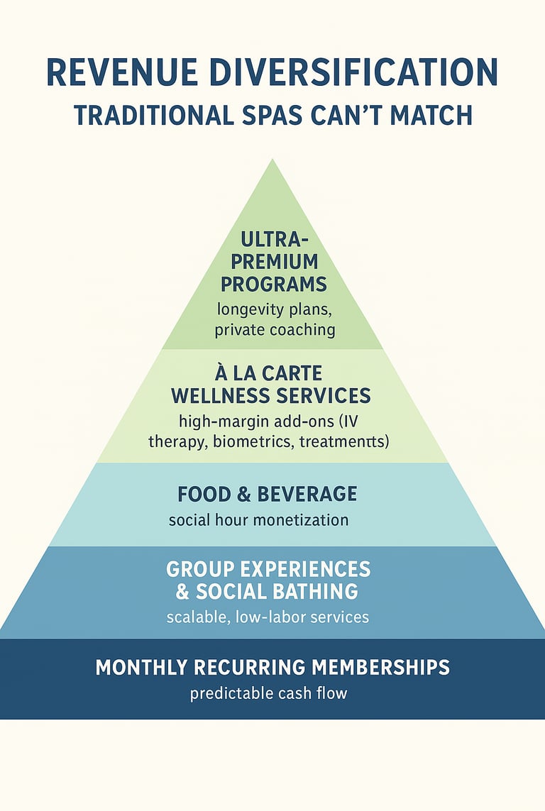 Social wellness club revenue pyramid showing seven income streams from membership base to premium se