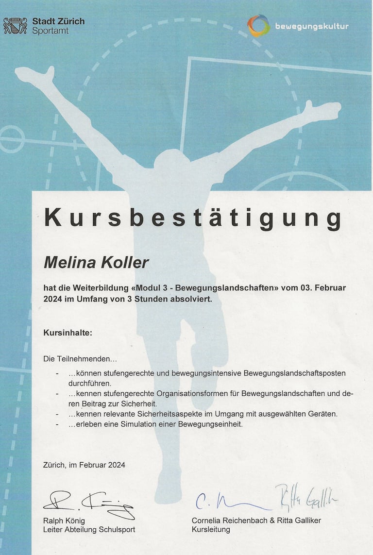Melina Koller certificate for a movement training course by the Zurich Sports Office.