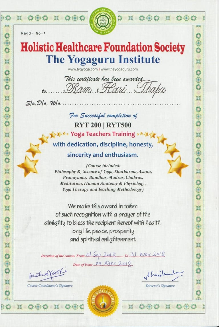 certificate for a yoga instructor