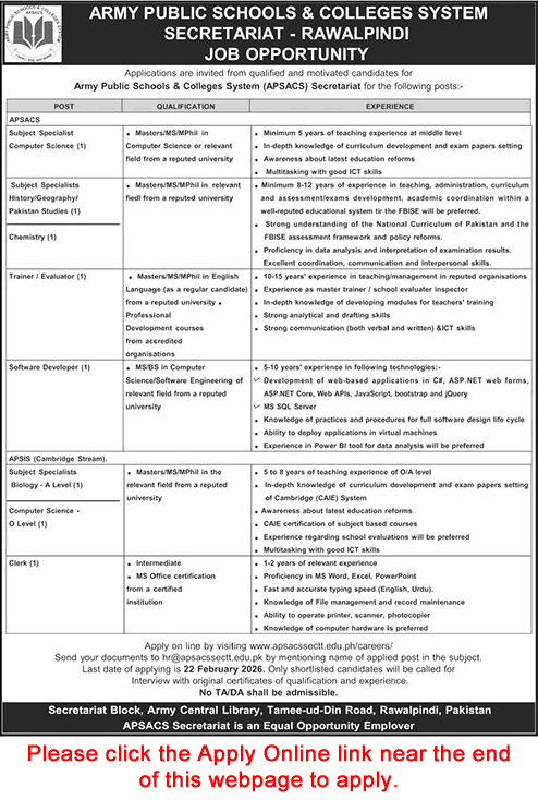 Army Public Schools and Colleges System Rawalpindi Jobs 2026 February Apply Online Teaching Faculty & Others APS&CS Latest