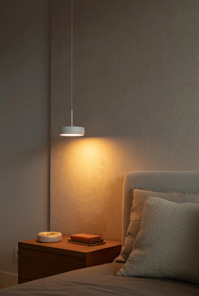 Biała lampa wisząca nad szafką nocną oświetlająca beżową ścianę w sypialni.