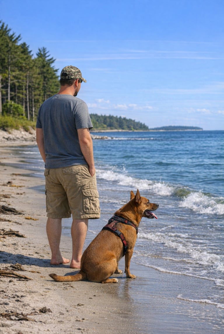 A man and his brown dog standing on a sandy beach looking at the blue ocean waves.