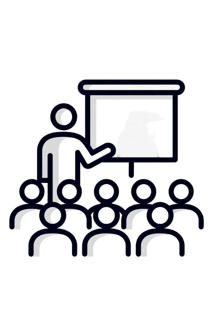 A minimalist white icon of a teacher giving a presentation to a seated classroom audience on a black background.