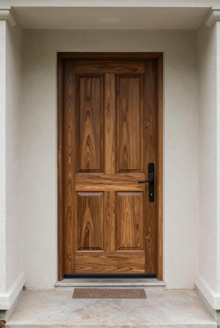 Straight-on medium shot of a residential front entry — solid wood door, clean stone threshold, overcast natural daylight, no people, architectural detail framing, clinical clarity
