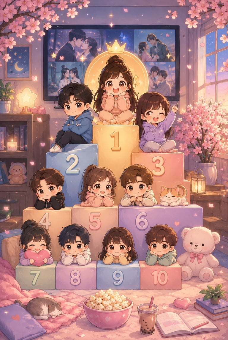 Chibi anime characters sitting on numbered blocks in a cozy room with cherry blossoms and a TV.