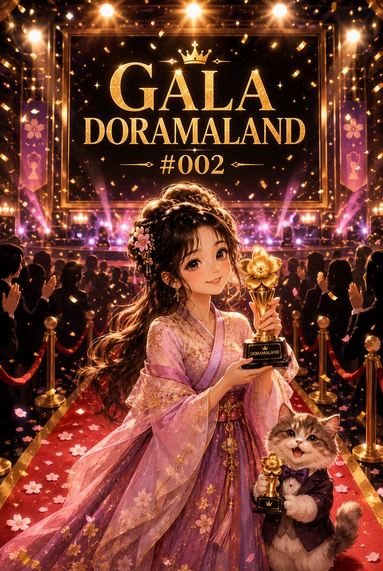 Anime girl in a purple hanfu holds a gold award at the Gala Doramaland event.