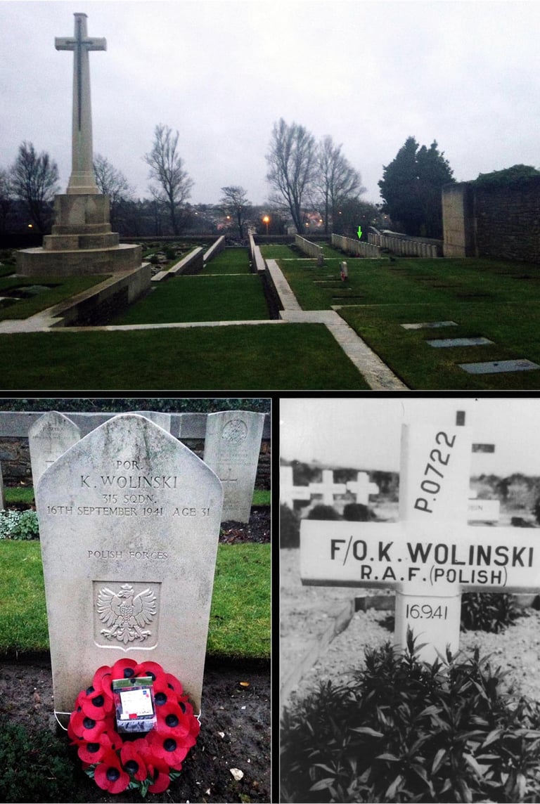 Cross of Sacrifice in Boulogne Eastern (De L’Est) Cemetery, and K Wolinski grave markers.
