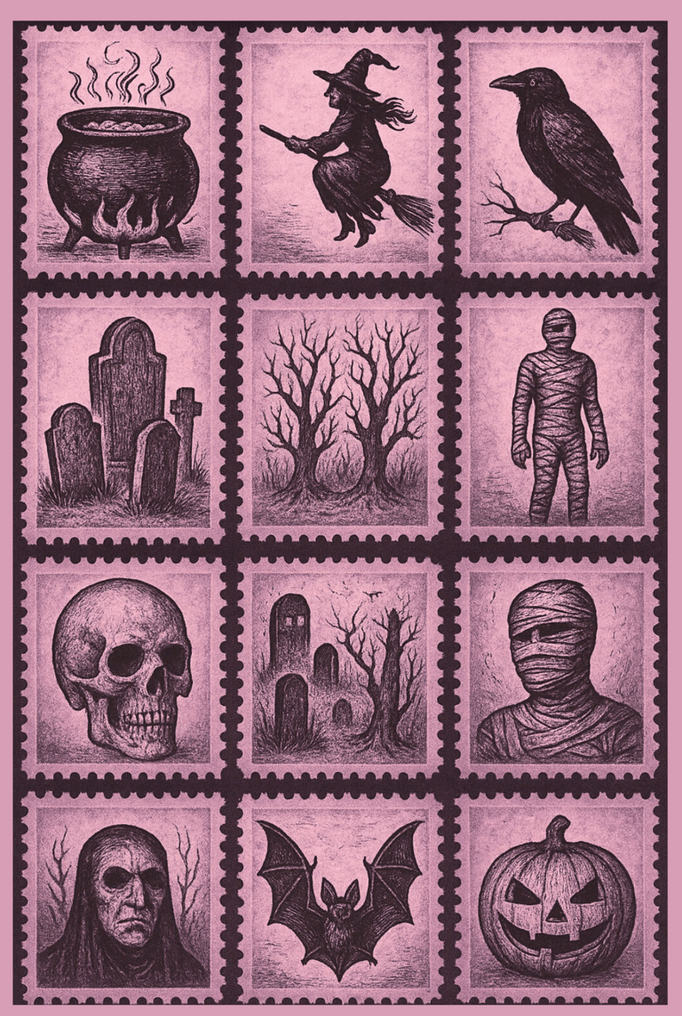 Une illustration des symboles de Samhain, le nouvel an des Sorcières.  Chaudron, potiron, corbeau...