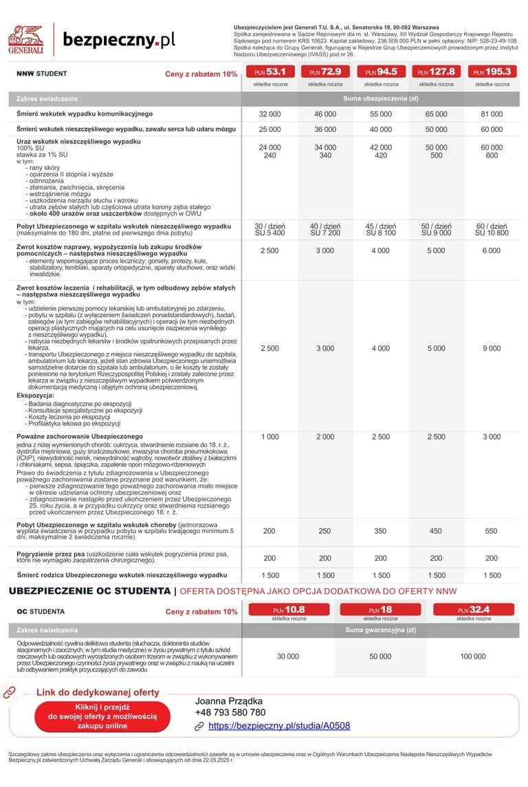 nnw dla studenta z opcją dodatkową ubezpieczenia OC
