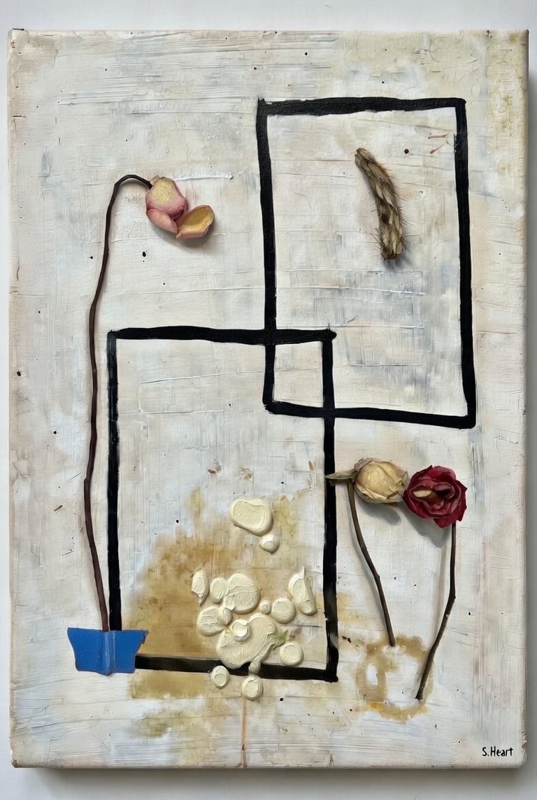 Mixed media art featuring dried flowers and geometric black outlines on a textured white background.