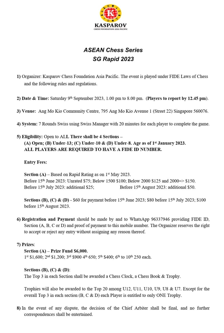ASEAN Chess Series - SG Rapid 2023. Kasparov Chess Federation. Singapore Chess