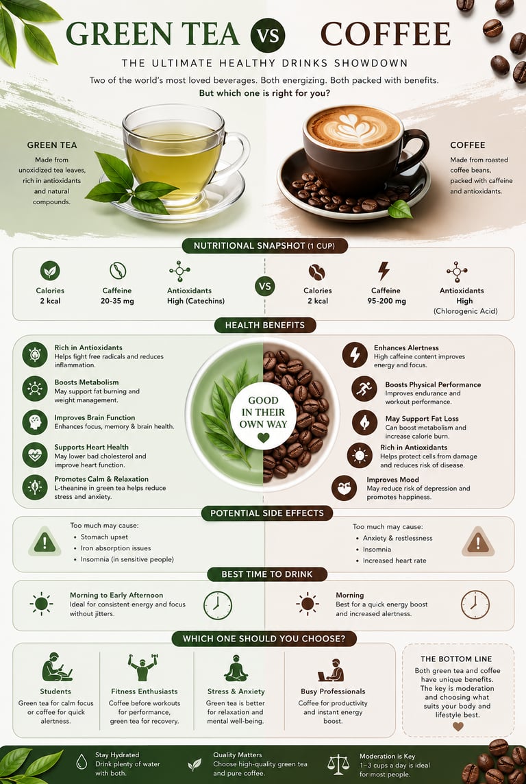 Comparison infographic of green tea vs coffee showing health benefits, caffeine content, and side effects.