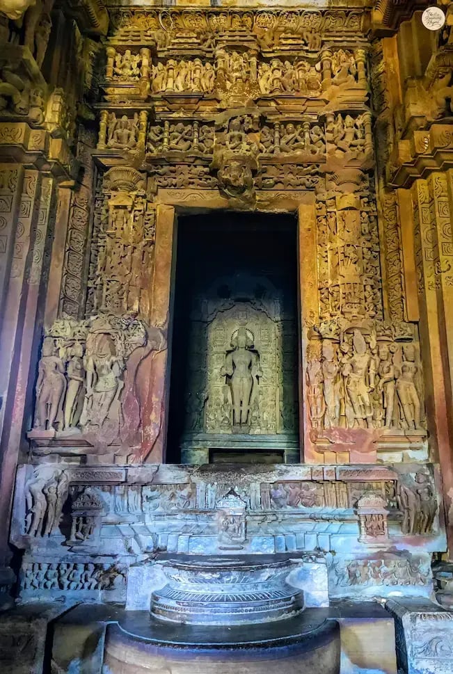 Intricate stone carvings inside the sanctum of Lakshmana Temple, Khajuraho, Madhya Pradesh