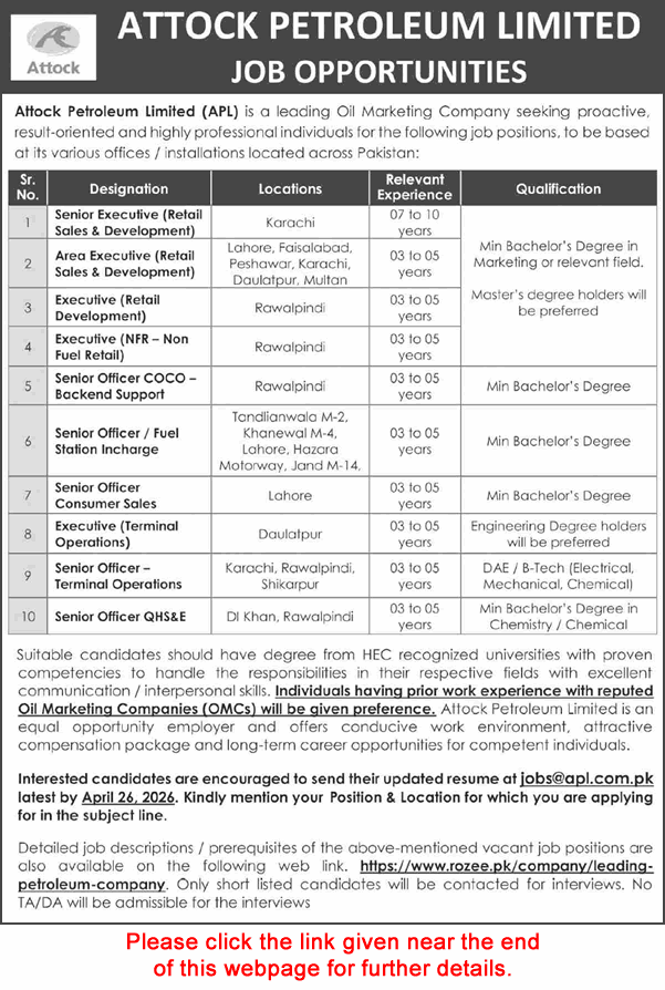 Attock Petroleum Jobs 2026 Apply Online APL Careers Pakistan Oil Marketing Company Retail Sales Terminal Operations 