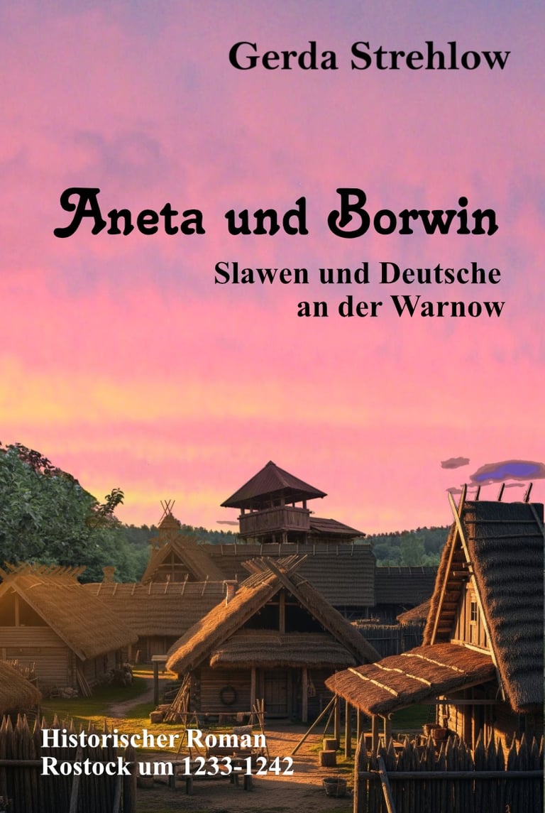 Bild eines Slawendorfes mit rötlichem Himmel