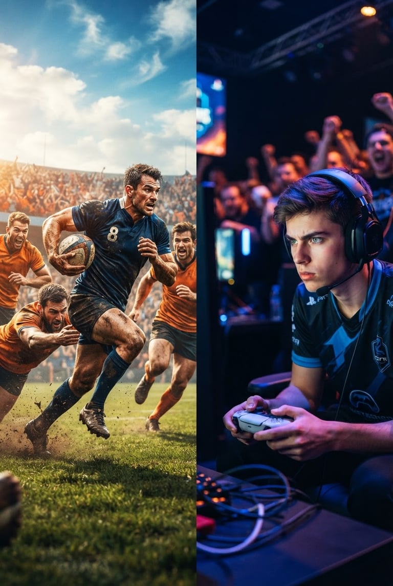 Dynamic, high-contrast split image: left side shows athletes in mid-action on a sports field under dramatic natural sunlight; right side shows a focused e-sports gamer with vibrant LED reflections on their face, hands gripping a controller. Both scenes evoke intense competition and energy, with strong cobalt and orange tones.
