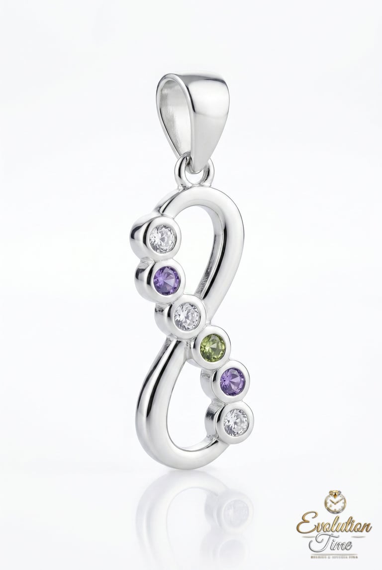 Elegant sterling silver infinity pendant set with amethyst and peridot gemstones.