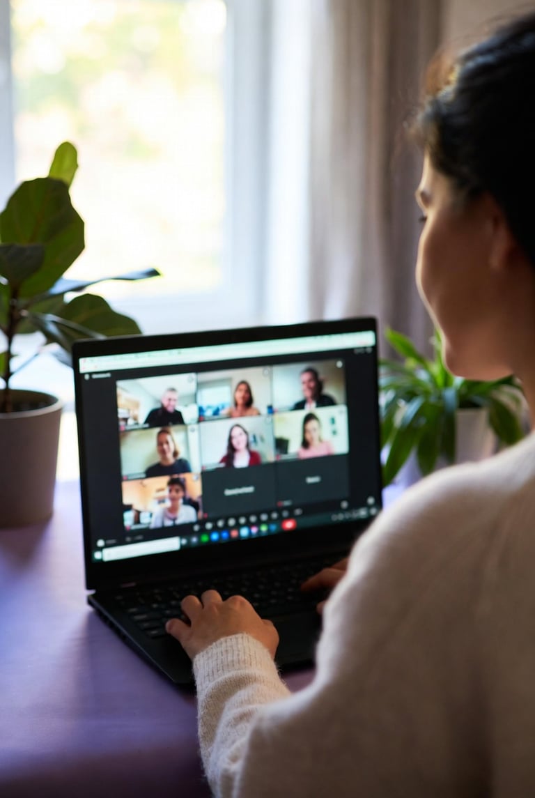 A woman working remotely participates in a professional video conference call on her laptop.