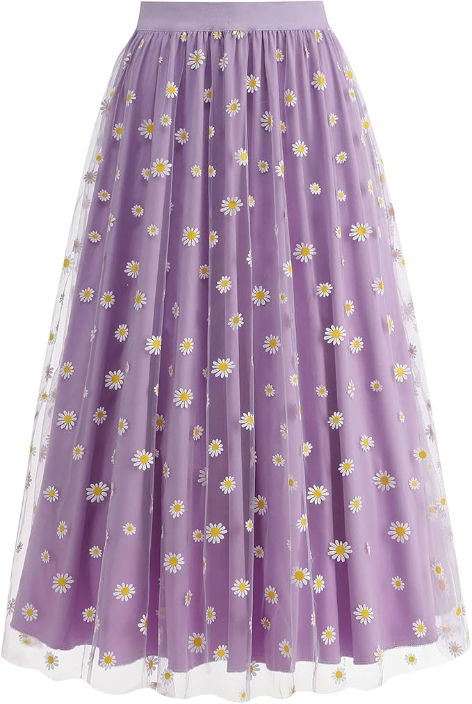 Light purple midi tulle skirt with white and yellow daisy embroidery, layered mesh A-line design.