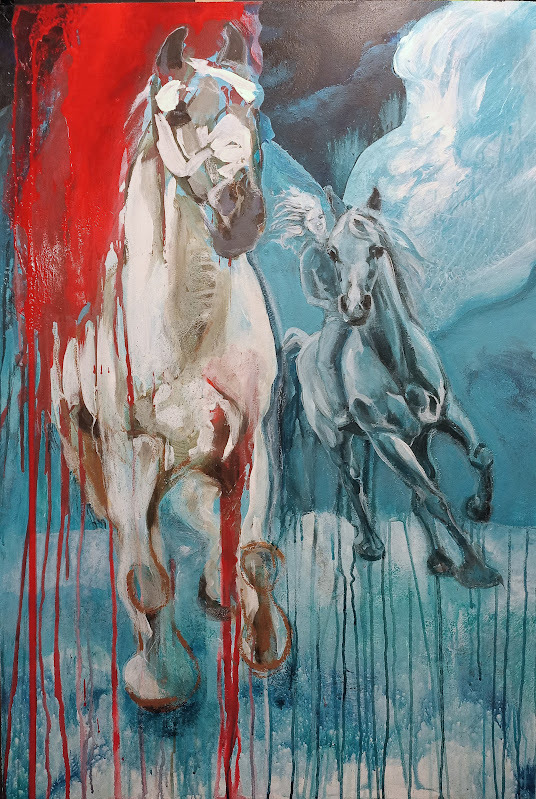 Acrylic painting of two white horses running through red and blue drips of paint.