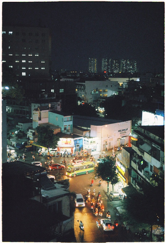 Night sky view over Saigon China town shot on film