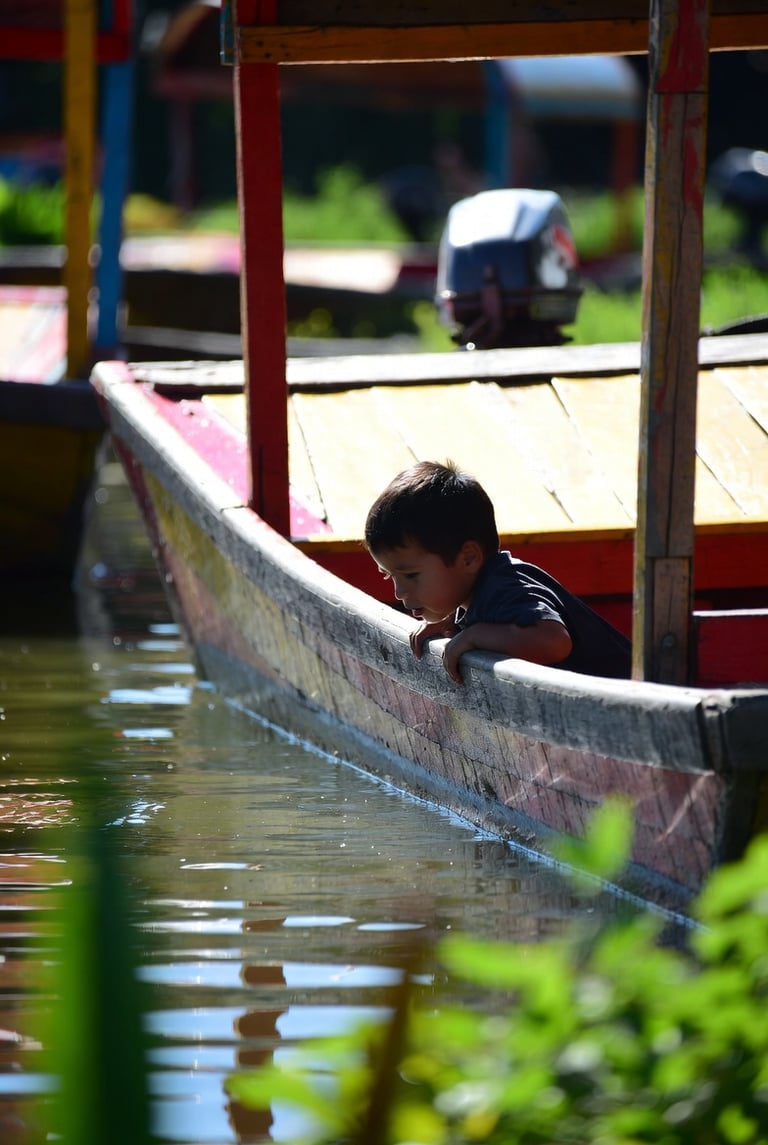 A young boy looking over the edge of a colorful wooden trajinera boat into the water at Xochimilco.