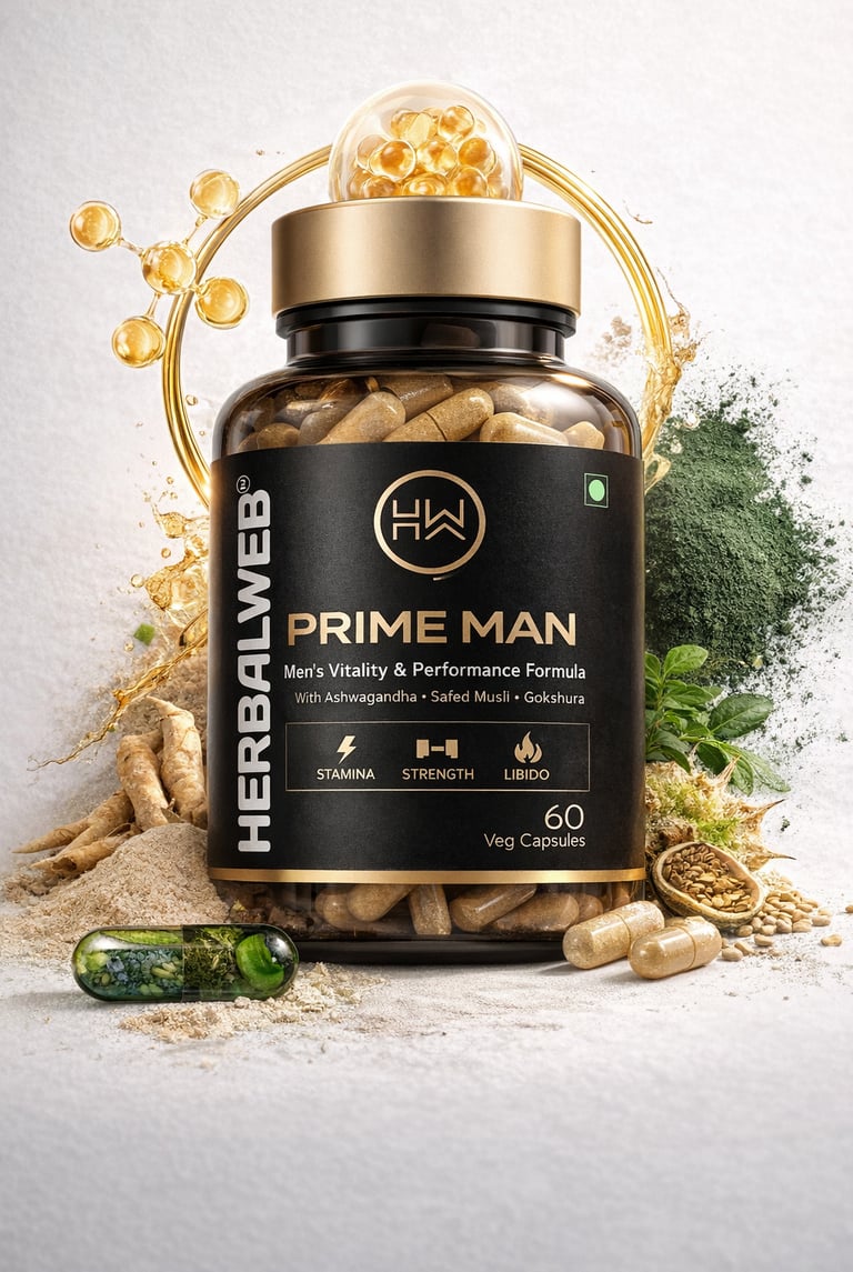 Herbalweb Prime Man dietary supplement bottle with ashwagandha capsules and natural herbal ingredients for men's vitality.