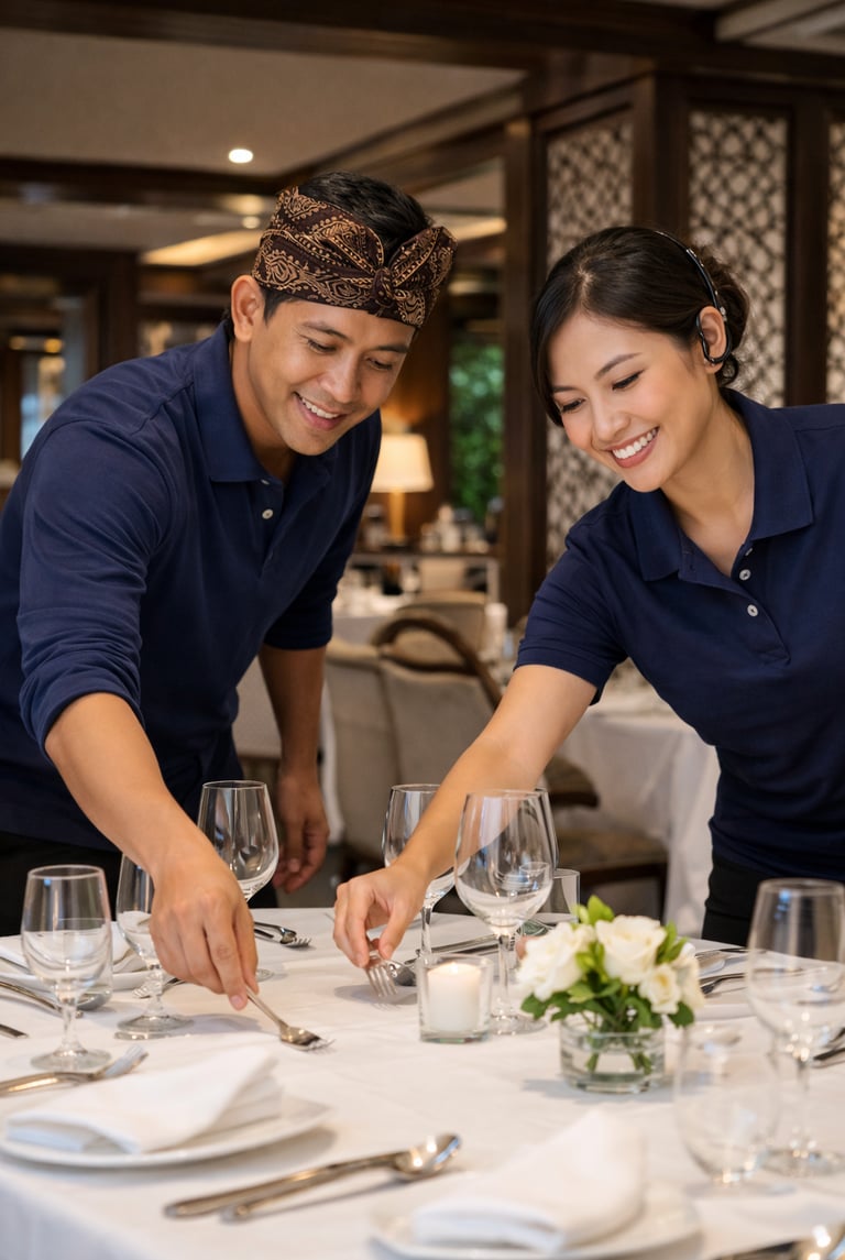 Two smiling professional servers setting a formal dining table with glassware and silverware.
