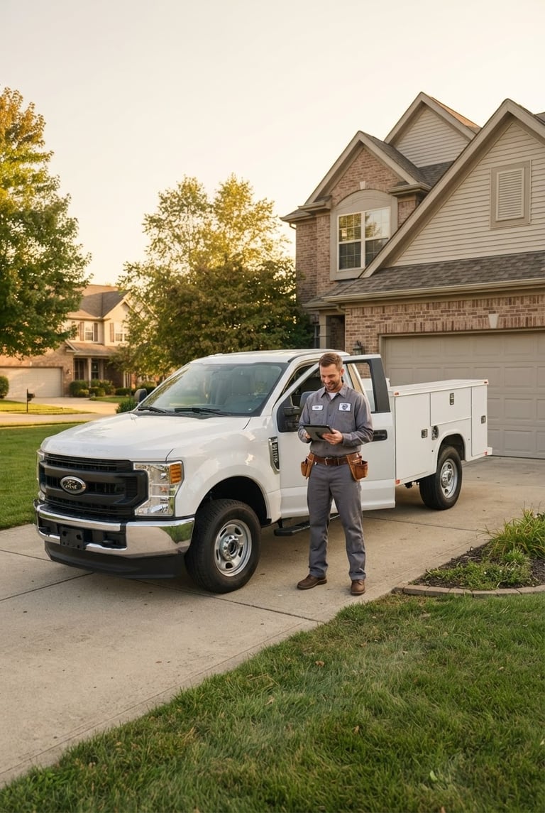 Clean branded service truck parked in a residential Lapel driveway at golden hour, technician in uniform standing beside it, sharp focus, 35mm lens.