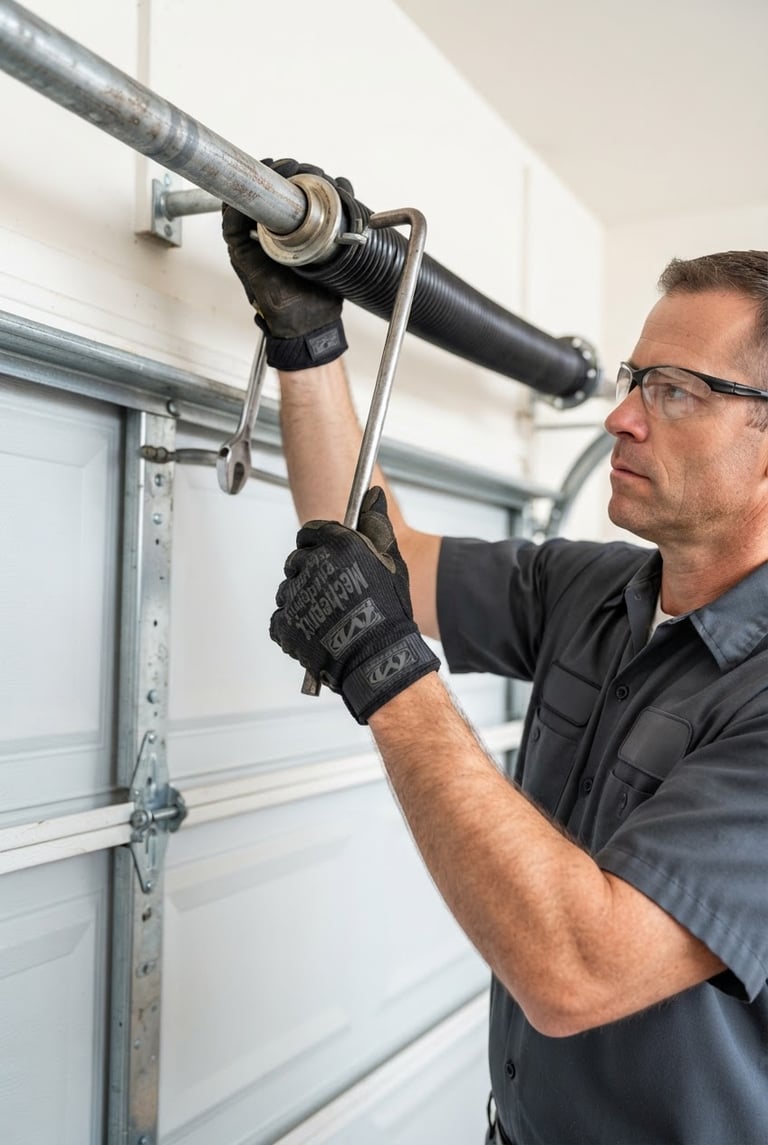 Close-up of a professional garage door technician in a clean uniform, wearing work gloves, carefully replacing a torsion spring on a residential garage door. Bright natural daylight, sharp focus on the hands and tools, clean high-contrast tones.