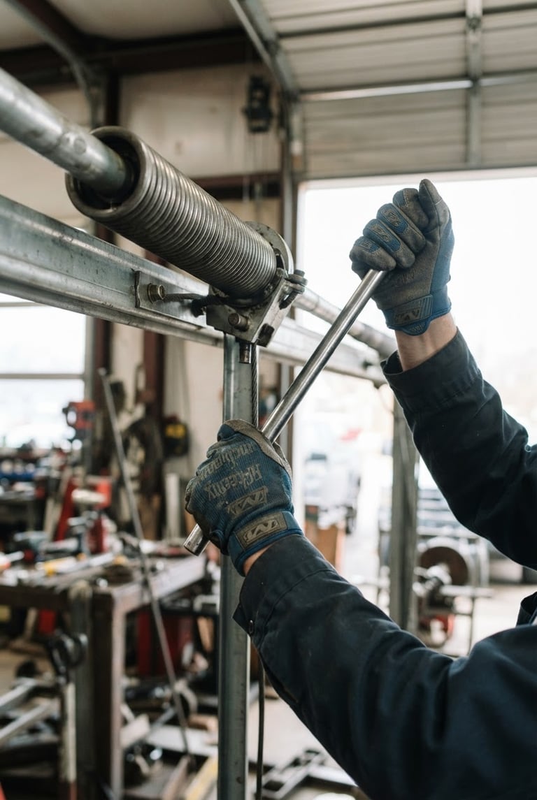 Close-up of a technician's gloved hands safely working on a garage door torsion spring, bright natural light, industrial setting, 50mm lens, sharp focus