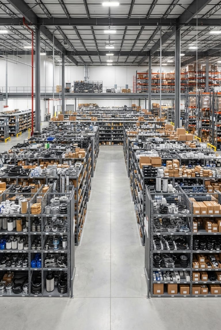 Wide panoramic shot of a modern, clean heavy-duty truck parts distribution center interior, high shelves stocked with organized parts, clear studio lighting, crisp focus on the organized rows of components, no people, industrial details.