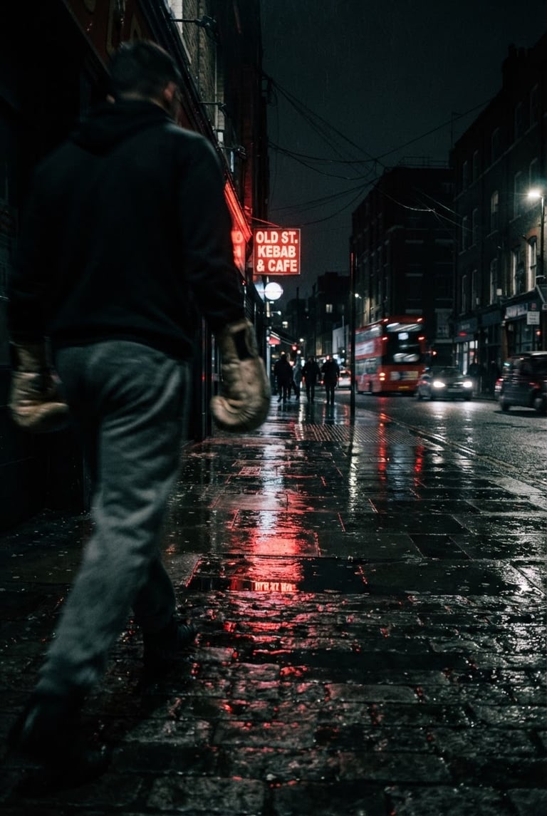 Gritty, high-contrast night shot of a dark, wet London street in Old Street, neon red light reflecting on the pavement, with a subtle, blurred figure of a boxer in the foreground, low angle, dramatic chiaroscuro, 35mm film grain.