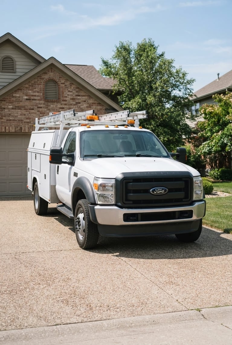 Straight-on medium shot of a clean service truck parked in a sunny Springfield driveway, bright natural daylight, crisp commercial photography, 35mm lens.
