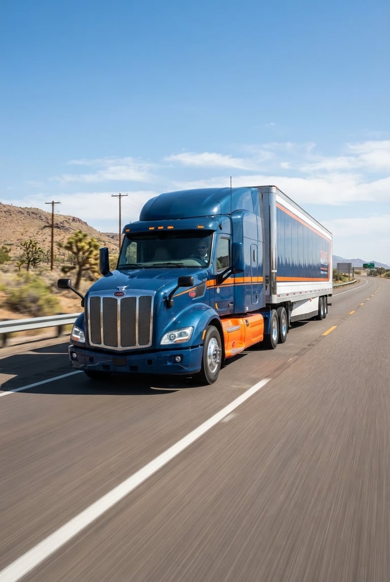 Wide-angle highway tracking shot of a modern, clean semi-truck on a bright, sunny regional highway, low angle, deep blue and safety orange accents, 35mm