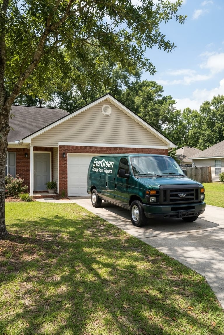 Clean, well-maintained EverGreen Garage Door's Repairs service truck parked in front of a suburban home in Folkston, Georgia, bright natural daylight, eye-level shot.